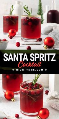 Santa Spritz is a delicious and festive holiday cocktail! This mixed drink begins with layering pomegranate juice, cranberry juice and vodka then topping off with club soda. This fresh and fruity drink is garnished with a rosemary sprig and frozen cranberries. Make this a nonalcoholic mocktail or turn it into a festive holiday punch by simply leaving out the vodka. Great for holiday parties. This red and green drink is perfect for a Christmas party!