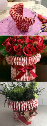 Stretch a rubber band around a vase, then stick in candy canes until you can’t see the vase. Fill with red and white roses or carnations.