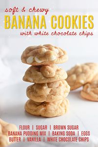 These soft and chewy Banana Pudding Cookies are packed full of banana flavor! Super quick and easy to make with simple ingredients including banana pudding and white chocolate chips, you can whip up a batch fast and enjoy freshly homemade banana cookies in a snap.