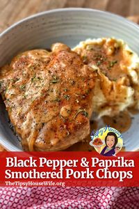 Smothered Pork Chops with a Black Pepper and Paprika Gravy are a one pot wonder. Pan fried, bone in chops with a delicious and creamy onion gravy. The chops are seasoned with salt, cracked black pepper, a hint of paprika and garlic and onion powders. Dredged in flour and fried up crisp in butter. This recipe is so good with mashed potatoes, applesauce and corn.