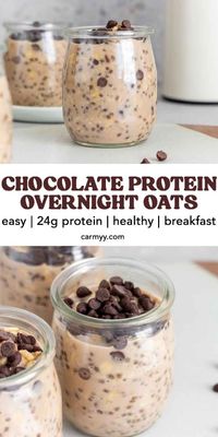 This chocolate protein overnight oats recipe is an easy way to start your day off on the right foot! Full of protein, fiber, and good-for-you ingredients on top of chocolate chips, this chocolate overnight oats will keep you feeling full and satisfied. Make it ahead of time for an easy healthy breakfast on busy mornings. (chocolate protein powder recipes, protein oats breakfast)