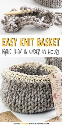 Cute DIY baskets you can knit up quick and easy. This easy craft project requires a single skein of yarn and requires only basic knitting knowledge. A perfect knitting project for beginners. Knit up a few to give away as handmade gifts or to use as small storage baskets in your home. The handmade tags are included and you can download these printables for free. A yarn project you can create in under an hour.