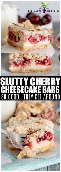 Slutty Cheesecake Bars - So good they get around. Made with Cherries and Cookie Streusel Crumble Topping #cheesecake #holiday #dessert #bars