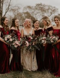 Burgundy Off the Shoulder Velvet Bridesmaid Dress for Winter #wedding #weddings #bridesmaid #bridesmaids #bridesmaiddress #bridesmaiddresses #velvetbridesmaiddress #burgundybridesmaiddress #winterbridesmaiddress