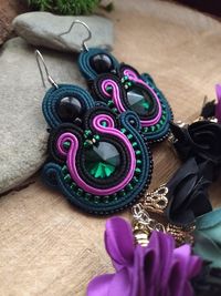 Long boho flowers earrings, Purple and black soutache jewelry, Unique handcrafted gift for Her, Anniversary gifts, Birthday gifts - Etsy Polska