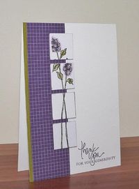 handmade card ... tall and narrow panel cut into inchies and glued on slightly apart ... adds interest to the long-stemmed flowers ... clean lines ... deep purple backing panel and flowers ... like this design ...