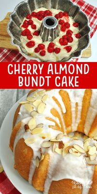 This Cherry Almond Bundt Cake recipe has a rich almond and vanilla flavor and loaded with delicious maraschino cherries. #bundtcake #cherry #almond #recipes #food #foodrecipes #yummy #baking #bakingrecipes #cherries