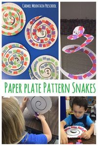 1- Draw swirl onto paper plate and have children cut on line. 2- Glue squares on plate (after cutting) in a pattern (abab, abba, abc...). 3- Carefully pull snake apart and hang from ceiling.