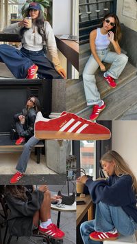 Outfit inspiration for the red adidas samba or gazelle sneakers.