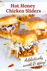 Packed with the most amazing sweet and spicy sauce, these chicken sliders layer sweet Hawaiian rolls, gooey cheese, and a smokey hot honey sauce! Finish them off with a creamy coleslaw for the best bite-sized sandwich around. Made with rotisserie chicken they make the perfect dinner or easy party food!