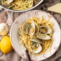 Linguine with clams or pasta alle vongole is a classic Italian recipe made in just 20 minutes! Littleneck clams are cooked in a white wine sauce garlic sauce and tossed with freshly cooked linguine.