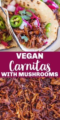 These are the best Vegan Carnitas! They're made with king trumpet mushrooms and have the best texture and flavor! They're easy to make and go so well in tacos, burritos, nachos and more! These vegan carnitas tacos will be a huge hit at your next vegan taco night. Even mushroom haters love these! #vegancarnitas #carnitastacos #vegan #dinner #tacos