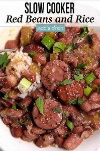 Slow Cooker Red Beans and Rice Recipe - A traditional Creole red beans and rice recipe that everyone loves! It's made simple and easy - and so delicious - in the slow cooker! //addapinch.com #redbeansandrice #slowcookerredbeansandrice #beansandrice #slowcooker #crockpot #addapinch