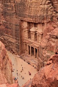 Al-Khazneh ("The Treasury") is one of the most elaborate temples in Petra, a city of the Nabatean Kingdom inhabited by the Arabs in ancient times. As with most of the other buildings in this ancient town, including the Monastery (Arabic: Ad Deir), this structure was carved out of a sandstone rock face.The structure is believed to have been the mausoleum of the Nabatean King Aretas IV in the 1st century AD. Jordan.