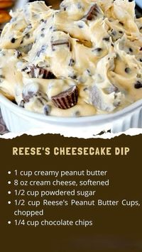 ﻿1 cup creamy peanut butter, 
﻿﻿8 oz cream cheese, softened,
﻿﻿1/2 cup powdered sugar,
﻿﻿1/2 cup Reese's Peanut Butter Cups, chopped,
﻿﻿1/4 cup chocolate chips