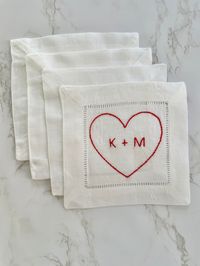 "Custom initial heart napkins.  The perfect gift for a newly engaged or married couple. Or for your own significant other!  I love just one napkin to place on your nightstand with a glass of water, or one by your work computer to place your coffee on. These cocktail napkins are the perfect gift!  Each napkin is completely hand embroidered by me! Napkins are approx 6\" x 6\" square. 100% linen. Due to the handmade nature, no two napkins are completely identical. This listing is for ONE napkin.  P