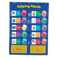 Who are your classroom helpers? It's easy to see with this cheerful show of hands. Chart encourages teamwork, self-esteem and responsibility. Includes 10 job cards with blank reverse sides for customization and 30 hand cards for student names. Reuse all 40 write & wipe cards! The Learning Resources Helping Hands Pocket Chart Features: Nylon chart that measures 22 inch length x 29.5 inch height 40 write & wipe cards Grommets for hanging 2 storage pockets