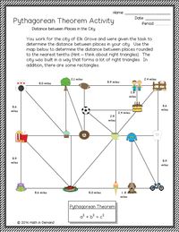 This is a great activity for students learning the Pythagorean Theorem. Students will use the Pythagorean Theorem to calculate distances. In addition, students will add decimals to calculate routes involving more than one stop. Lastly, students will explain the shortest route.