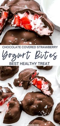 Indulge in these heavenly Chocolate Covered Strawberry Yogurt Bites! Made with fresh strawberries, creamy strawberry Greek yogurt, and dipped in rich chocolate, they're a guilt-free treat perfect for satisfying your sweet cravings. The perfect healthy summer treat!