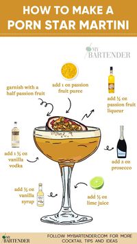 Unleash the allure of our Porn Star Martini recipe! 🍸✨ Crafted with passion fruit vodka, vanilla syrup, and fresh passion fruit, this seductive cocktail is both sweet and tangy. Shake it up, strain, and present with a side shot of Prosecco to experience the full glamorous effect. #PornStarMartini