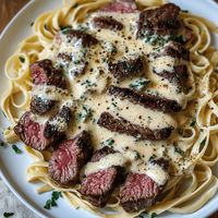 Savory Steak Gorgonzola Alfredo with Creamy Parmesan Sauce