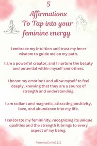 Unlock the power of feminine energy with these 5 affirmations! Embrace healing and transformation as you tap into your divine essence.Discover the magic of softness and femininity with these empowering quotes.  Learn how to be soft and feminine in a world that celebrates strength.   Click to download more free affirmations and start your journey today!   #Healing #Affirmation #Quotes #Divine #HowToBeSoftAndFeminine"