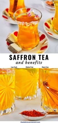 Saffron tea with a hint of cinnamon, cardamom, lemon, rose, mint or ginger, along with white tea is a refreshing, and mood invigorating beverage. Hot or cold this amazingly delicious tea is sure to soothe you. Learn how to make this tea, full of health benefits. This quick and easy recipe is gluten free, low carb, dairy free, nut free, egg free and soy free. Make it vegan with maple syrup. #saffron #tea #saffronbenefits
