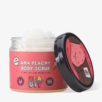 [tab] I am a double action peachy body scrub with AHA's such as Glycolic acid, to chemically exfoliate and sugar to physically exfoliate. I am amazing for helping tackle blemishes, body acne, scarring and I am a great addition to your shave routine to help prevent ingrowns! Babes love me for making their tan fade naturally, no tiger bread stripes or crispy tan here! I am also really gentle so great for sensitive skin babes, but don't worry I still pack a punch. Leave me on to let those AHA's eat