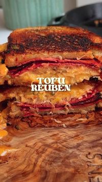 Ben Rebuck on Instagram: "🥪 the ultimate vegan Reuben 🥪 Tantalising Tofu S3 E2 @benrebuck.   Honesty this blew my mind 🤯. I’ve made a few vegan Reuben’s on my page before but never with tofu before.   This smoked tofu really was the real deal and you will go mad for this recipe if you try it. Trust me!  200g smoked tofu ½ cup beetroot juice  1 tablespoon soy sauce 1 tablespoon apple cider vinegar 1 teaspoon smoked paprika 1 teaspoon maple syrup (or other sweetener) ½ teaspoon garlic powder ½ teaspoon onion powder  1 tbsp vegan mayonnaise 1 tbsp tomato ketchup dash hot sauce  dash vegan Worcestershire sauce 1 finely chopped shallot 2 cornichon or ½ dill pickle, finely chopped pinch paprika  Sourdough or rye bread  Vegan cheese Sauerkraut   Slice the smoked tofu into thin, “meaty” strips.