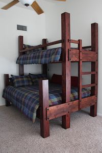 Custom Twin over Queen Bunk Bed. Shown with 94" high posts and optional low voltage lighting. Shown in Antique Cabernet finish.