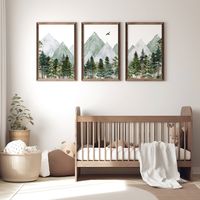 Woodland Adventure Wall Art Print Set: Mountain Nursery Decor - A gender-neutral farmhouse wall art gift set inspired by the serene beauty of the forest. The Forest Nursery Print Set presents a captivating forest and mountain panorama across three distinct prints. With a palette ranging from lush greens to soothing grays, each print embodies the tranquil beauty of nature. Tailored to your chosen size, you'll receive three prints of impeccable quality. Choose between photo paper (frames not inclu