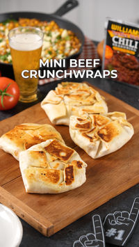 These mini crunch wraps offer a tasty twist on classic beef goodness. Ideal for those who crave a satisfying, on-the-go treat with the unmistakable taste of Williams. Unleash a fiesta of flavors in every bite with these handheld delights that are sure to be a catch with everyone at the big game.