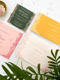 A bold colour palette, toned down with soft, blush, mustard and peach tones. Contrasting tones. Modern indian wedding invitation, bottle green reception, haldi, pithi ceremony. Mendhi night invitation. Hindu wedding invitation. Indian boho inspired invitation suite.