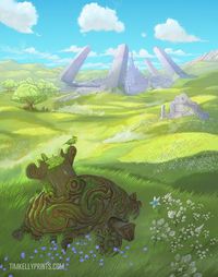 Hyrule field is a magical and recurring location through the Zelda series. Its vast plains and rippling grass set the tone for a huge world ripe with adventure.  In this piece I tried to capture some of that magic, with a healthy dose of inspiration from Ghibli landscapes found in films like