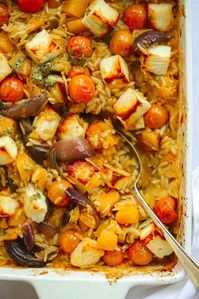 This simple Butternut Squash and Halloumi Bake is an easy, hands-off recipe that’s delicious and hearty. It’s a perfect vegetarian midweek dinner.