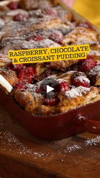 945 reactions · 395 shares | 🥐 If you have leftover croissants going stale, don't throw them away. Turn them into this showstopping dessert.

🍫 Layer them with fresh raspberries and dark chocolate. Then bake in a sweet vanilla custard. You get a soft, meltingly rich pudding that’s perfect served with a splash of double cream.

Raspberry, Chocolate & Croissant Pudding�
Serves 6

6 croissants, approximately 500g�
100g dark chocolate�
125g raspberries�
1 large egg�
5 large egg yolks�
50g caster sugar�
1 tsp vanilla extract�
350ml double cream, plus extra to serve�
350ml full cream milk�
Icing sugar, to serve

Thinly slice the croissants into long strips. Roughly chop the chocolate.

Arrange half the croissants in an ovenproof dish. Top with half the chocolate and half the raspberries. Cover