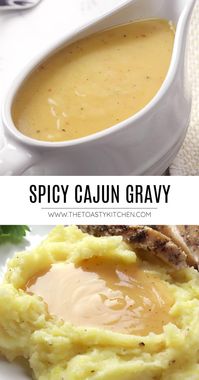 Spicy Cajun gravy recipe by The Toasty Kitchen. Spice up your mashed potatoes with this spicy Cajun gravy! Seasoned with Cajun spices and hot sauce, this gravy comes together in minutes on the stovetop. #spicygravy #cajungravy #gravyrecipe #thanksgivinggravy #homemadegravy #gravywithoutdrippings #howtomakegravy #turkeygravy #chickengravy #gravy #recipe #thanksgiving