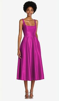 Square Neck Full Skirt Satin Midi Bridesmaid Dress With Pockets In American Beauty | The Dessy Group