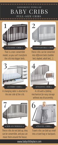 Different types of full-size baby cribs Want to find out what types of full-size cribs are on the market? All the crib types, with the descriptions and more. Non-convertible cribs, convertible cribs, portable cribs on wheels, folding cribs on wheels, travel cribs and combo or multifunctional baby cribs. In the article, you can also find all types of mini cribs, and the differences between them. How to choose the right model and more. #nursery #cribs #babycribs #cribtypes #fullsizecribs #baby