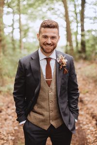 Groom Navy Suit Tan Waistcoat Tie Llyn Gwynant Barns Wedding Fox and Bear Photography #wedding #groom #weddingsuit