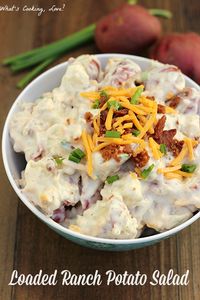 Loaded Ranch Potato Salad. A ranch flavored potato salad with added bacon, cheese, and chives. This is great for any party or barbecue. #sidedish #potatosalad