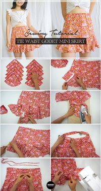 How do you make a tie waist godet mini skirt? Pre-treat the fabric prior to cutting and sewing. Fold the fabric along the selvage and cut out the pattern pieces based on the dotted size line.