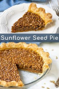 Sunflower Seed Pie is sure to be a crowd pleaser! This nut free pie is a great alternative to pecan pie. Easy to make in a few simple steps this unique sunflower pie is delicious and perfect for the Thanksgiving table. #sunflowerseedpie #nutfree #thanksgivingpies #easy #unique