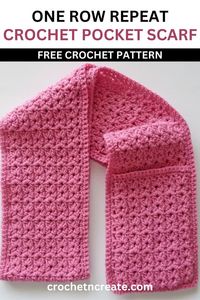 Easy one row repeat crochet pocket scarf, free crochet pattern made in thick cluster design, it will be your go to pattern this winter!