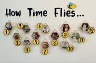 Bee theme birthday picture display. Hexagon photos