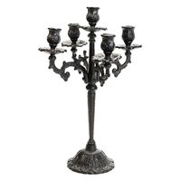 Features:- Material: heavy duty cast iron; painted in antique black brown color, absolutely a gorgeous item, very solid and durable, can be last for many many years.- Style: antique & luxuriant；this candle holder with a pretty candle tray & easy install design, 5 arms are very flexible, you can install it to be 1 & 3 & 5 arm style. the base plate with a round and heavy design, make it quite stable.- Uses: it can holds up to 5 candle sticks; An excellent ornament for weddings, birthdays, christma