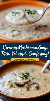 This Creamy Mushroom Soup is a bowl of pure comfort! 🍄 Rich, earthy baby bella mushrooms sautéed to perfection, combined with garlic, butter, and a splash of cream for a velvety texture. Perfect for a cozy lunch or a hearty dinner starter, this easy-to-make soup is bursting with flavor! 🥣🍂 #MushroomSoup #ComfortFood #CreamySoups #VegetarianRecipes #FallRecipes