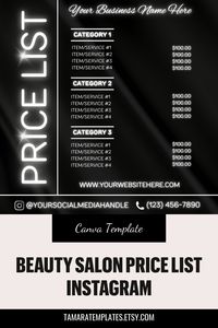 A beauty salon price list Instagram template for your beauty business or special event. Include this flyer template to help market your small business on social media. Post on Instagram, via email or text.

Simple premade design with a black and white neon aesthetic.

Perfect as a hair price list, lash price list, nails price list, home salons, and more. Plus it's fully editable using Canva. Tap/click for details then download to save yourself the time and effort it takes to design from scratch!