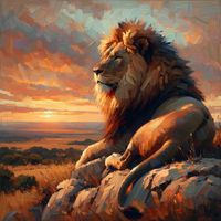 "Lion at Dusk" is an evocative painting capturing the serene grandeur of the African savanna at sunset. The majestic lion sits atop a vantage point, its mane aglow with the last golden rays of the day. The setting sun bathes the sky in a tapestry of warm hues, while the vast plains stretch out into the cool shadows of evening. This palette knife masterpiece is a tribute to the untamed spirit of the wild and the quiet beauty of twilight in the heart of the wilderness.