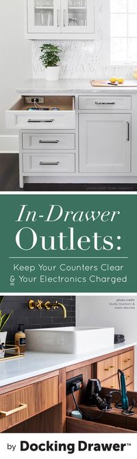 Tired of having a mess of cords cluttering up your kitchen counter space? What if you had a better place to store your hair dryer AND power it when needed? Docking Drawer in-drawer electrical outlets help you hide your outlet and create the perfect charging station wherever you need it most. Safety tested, UL Listed and easy to install. #DockingDrawer #homeorganization #smarthome #homeimprovementideas